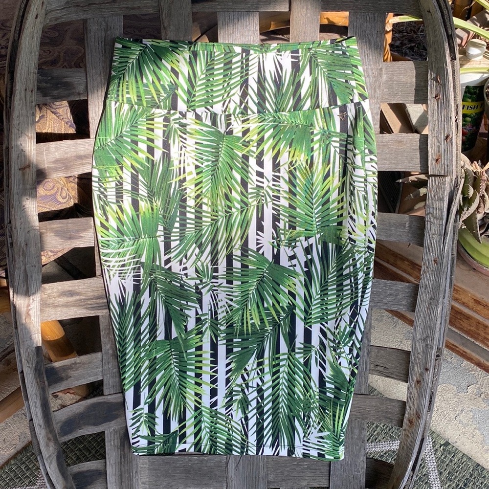 Thalia Sodi Pencil Skirt, Black and White Stripes w/ Fern Overlay